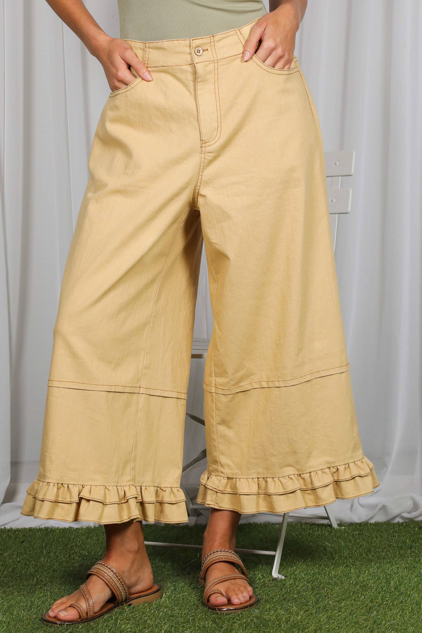 Casual Ruffle Hem Stone Wash Cropped Denim Pants