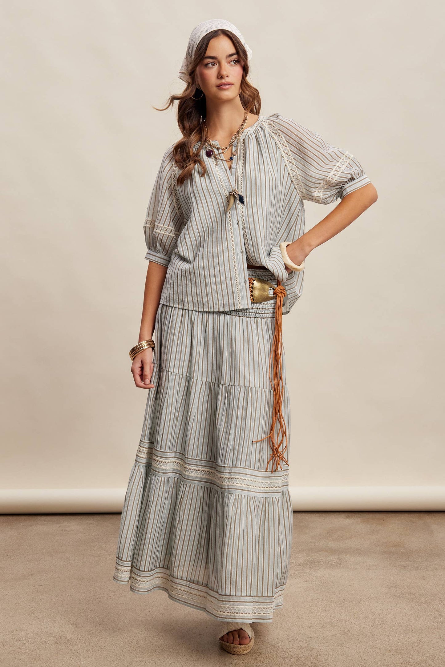 Striped Smocked Maxi Skirt with Embroidery Accents