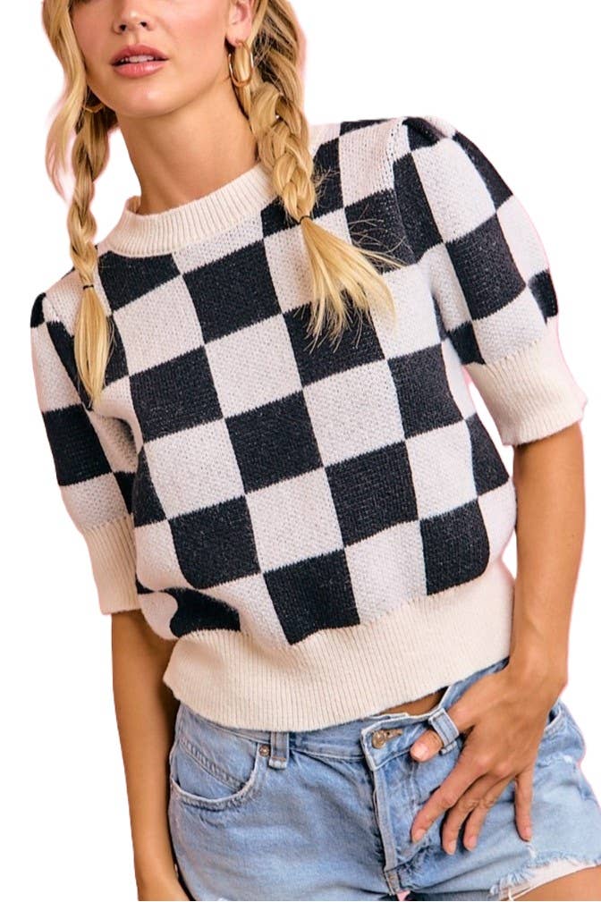 Gameday Theme Checker Patterned Puff Sleeves Knit Top