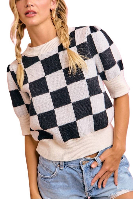 Gameday Theme Checker Patterned Puff Sleeves Knit Top