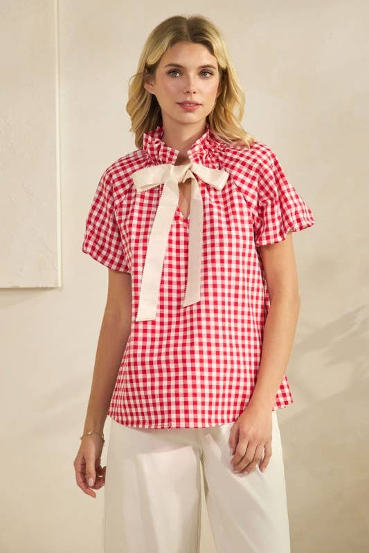 Gingham Check Puff Sleeve Top