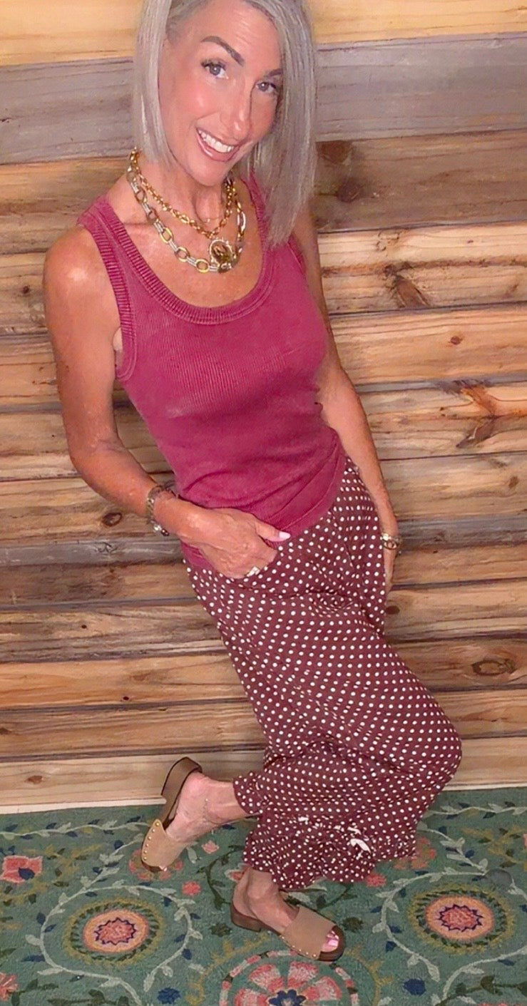 Delightful Polka Dot Casual Ruffle Hem Cropped Pants