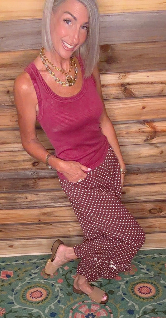 Delightful Polka Dot Casual Ruffle Hem Cropped Pants