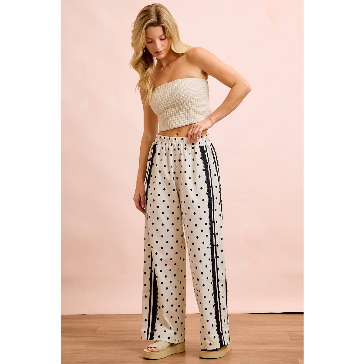 POLKA DOT PRINTED TWILL LACE TRIM DETAIL PANTS