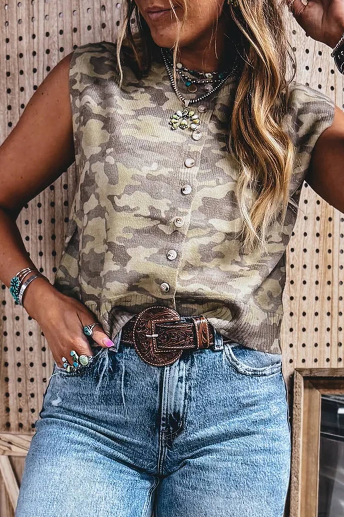 Camouflage Girlie Button sleeveless Top