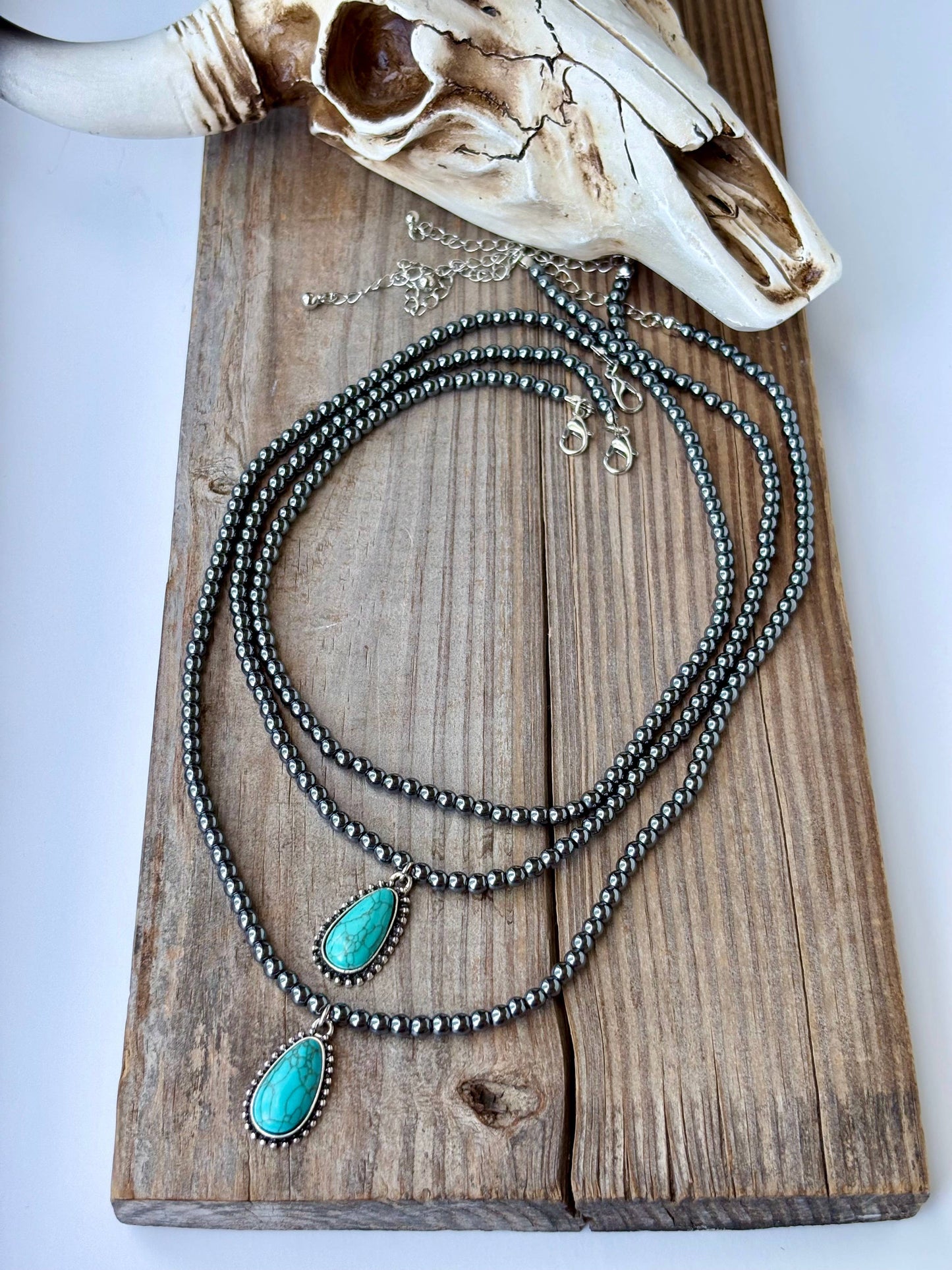3 Layer Beaded Necklace w/ Teardrop Turquoise Stone Pendant