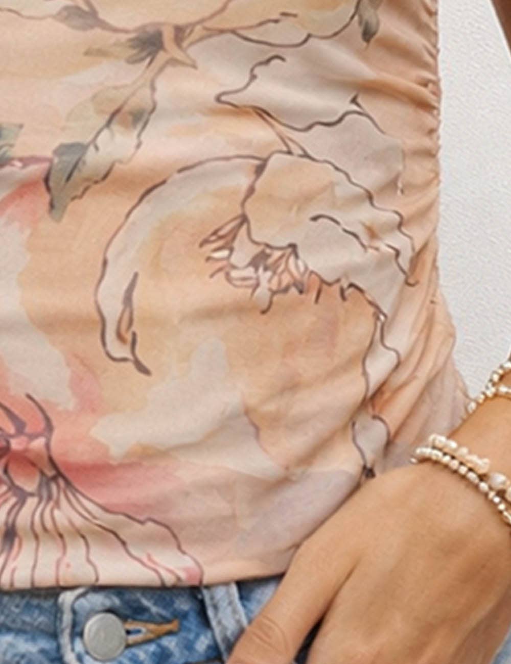 Ladies Floral Print Ruched Sleeveless Sheer Mesh Top