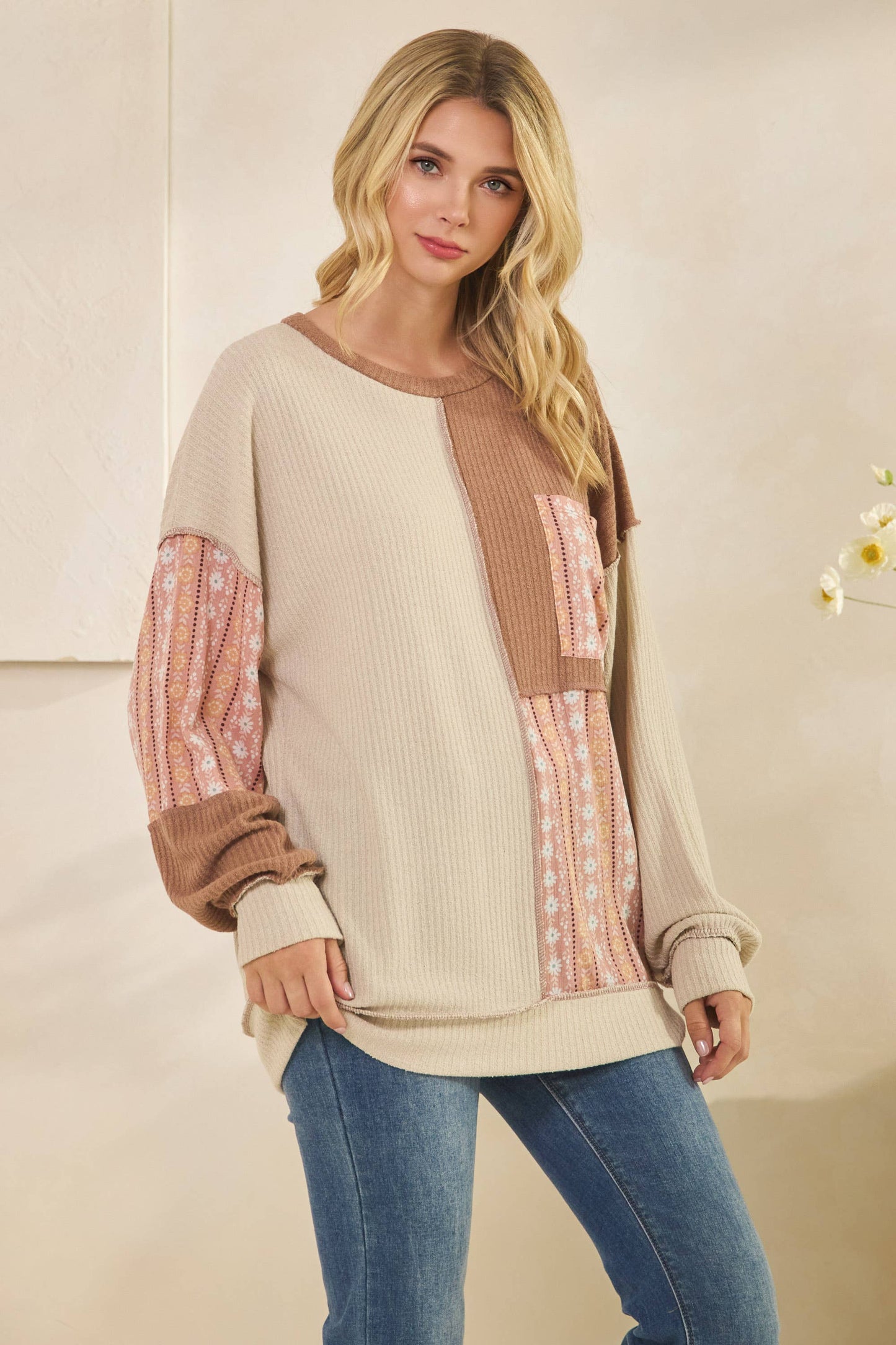 Color Block Floral Patchwork Pullover Top