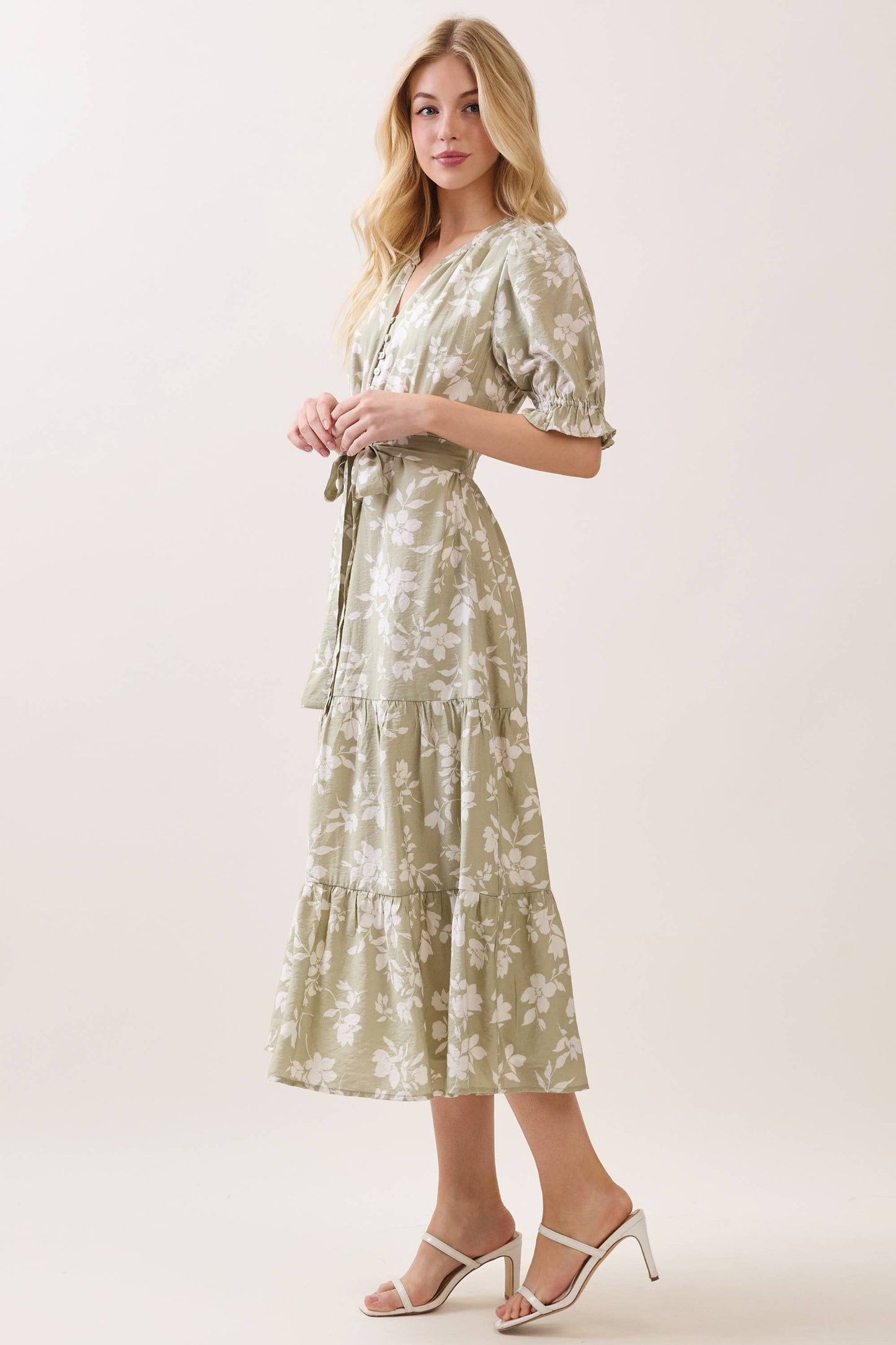 V NECK WAIST TIE TIERED MIDI DRESS -