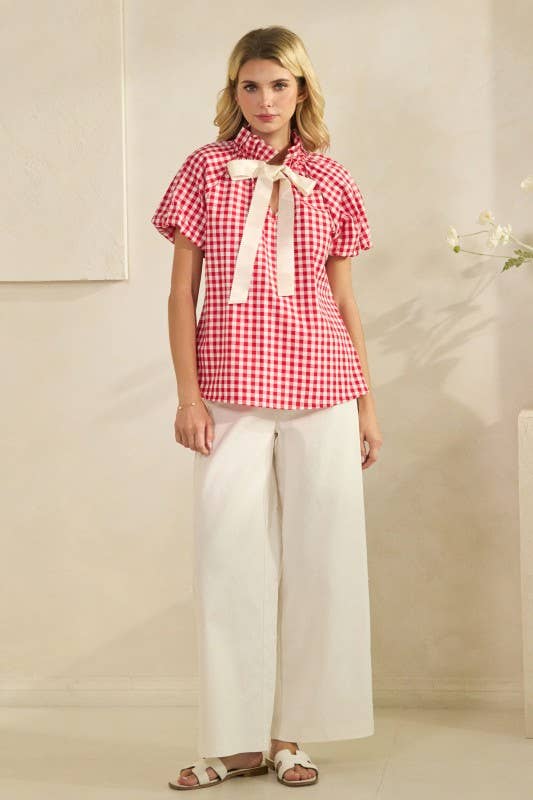 Gingham Check Puff Sleeve Top