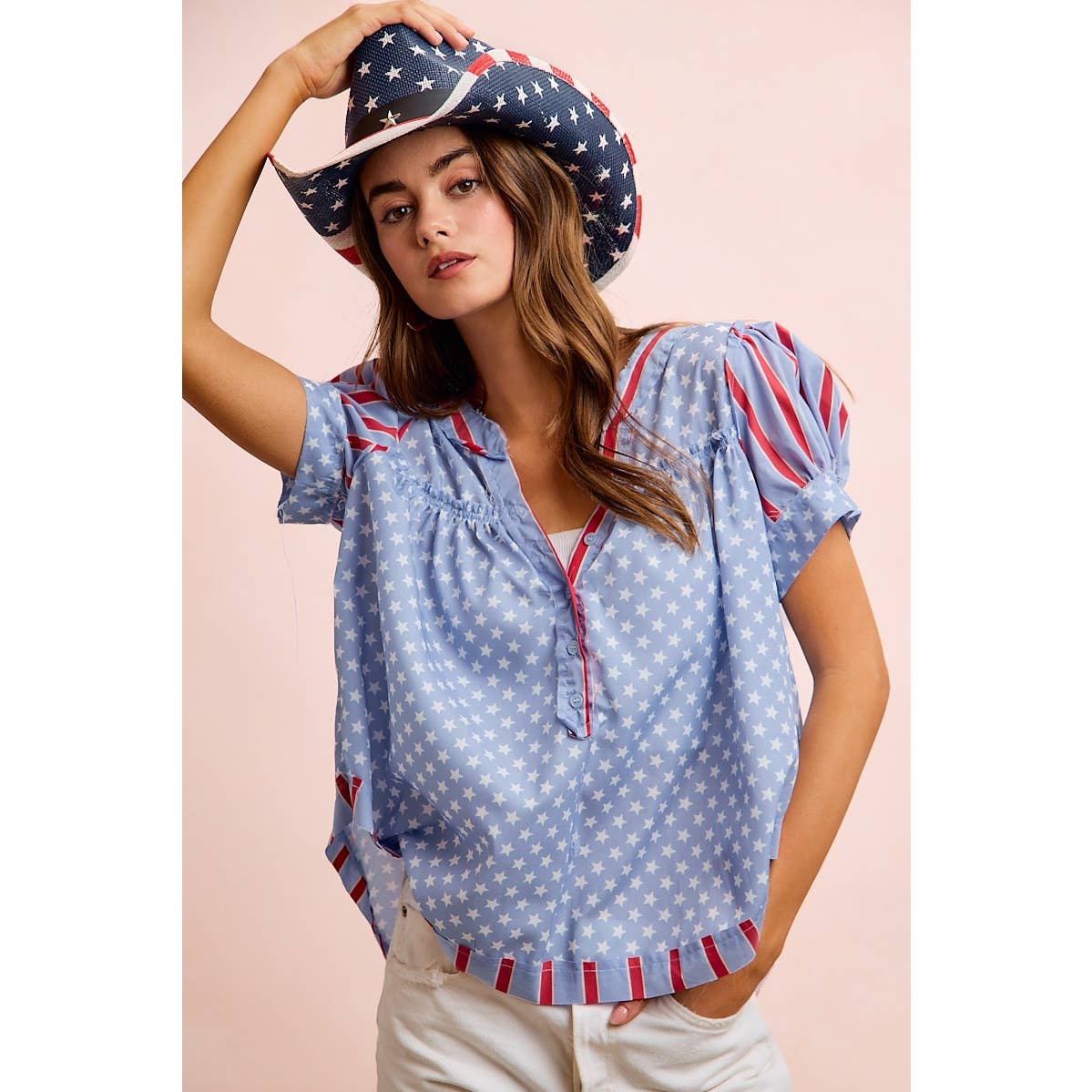 4TH OF JULY STRIPES AND STARS PUFF SLEEVES TOP