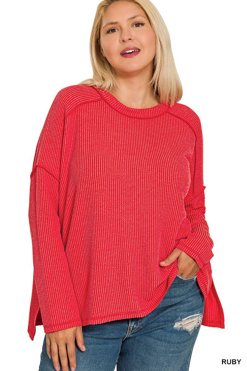 Plus Raised Rib Raw Edge Boat Neck Long Sleeve Top