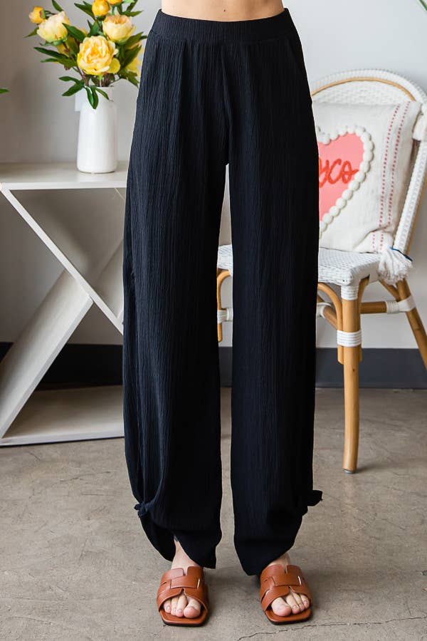 Lightweight Crinkle Ankle Tie Split Side Flowy Pants  P5047