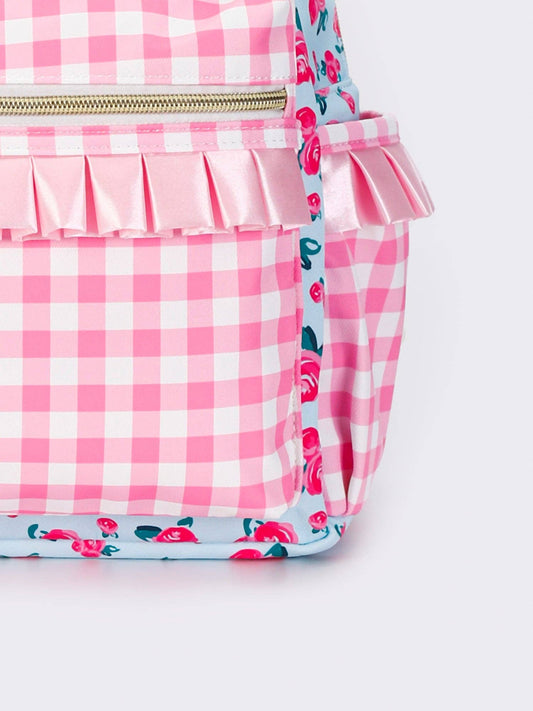 Pink Checkered Ruffle Flower Printed Backpack