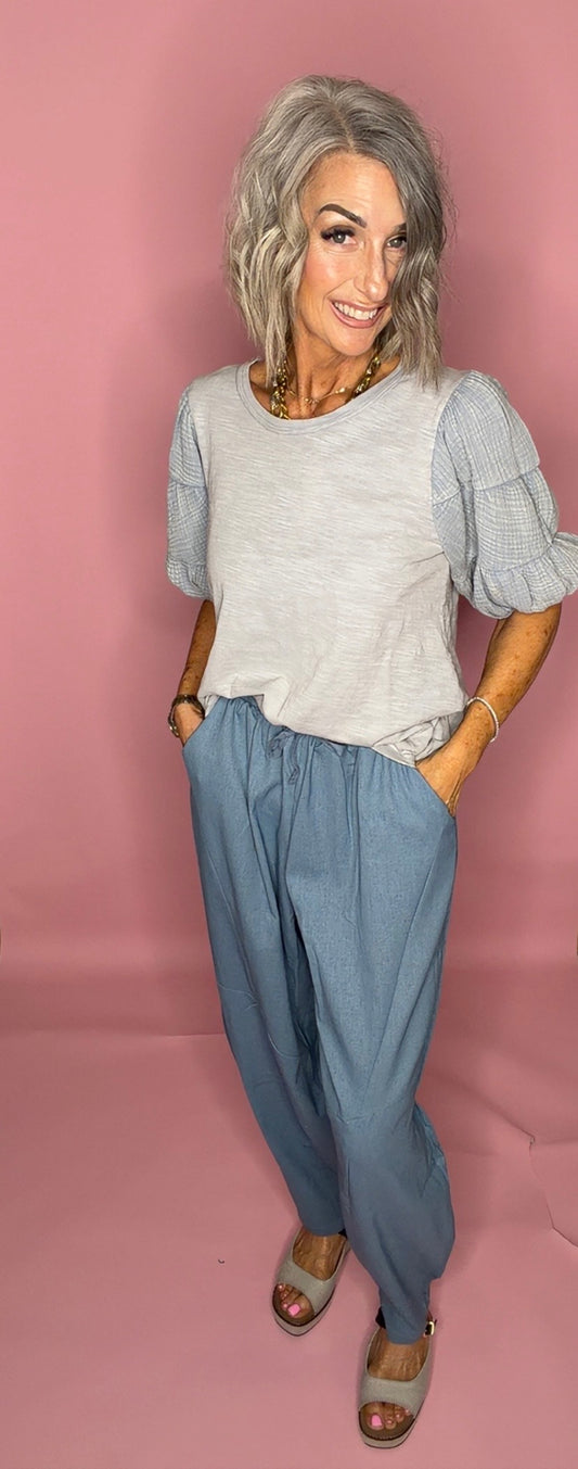 Mineral Washed Puff Sleeve Top