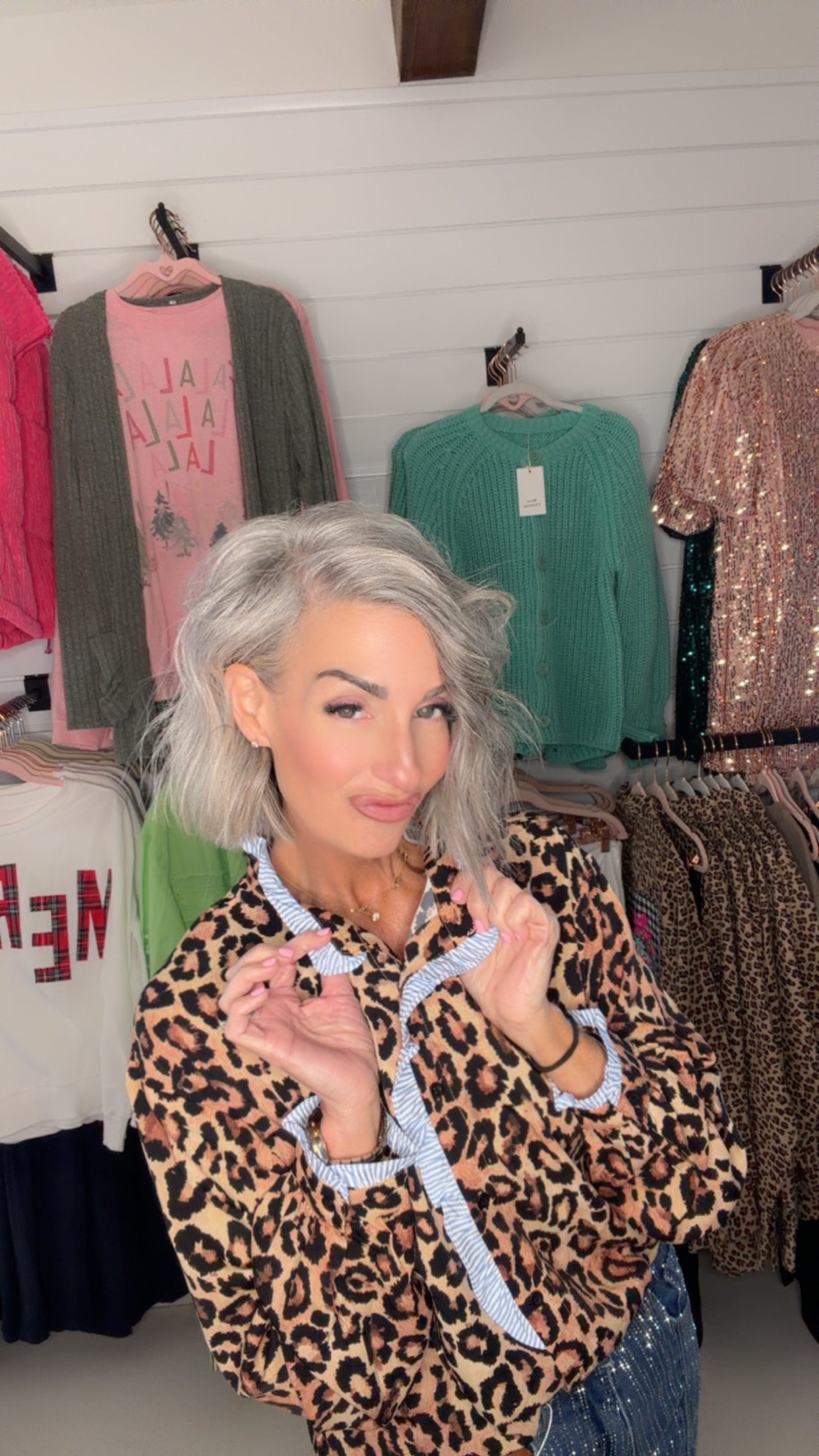 Stand Neck Shift Leopard Print Top