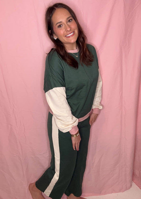Blackish Green 2pcs Color Block Pullover Loose Pant Set
