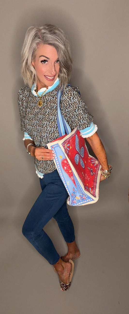 Leopard Print Knit Top with Contrast Trim