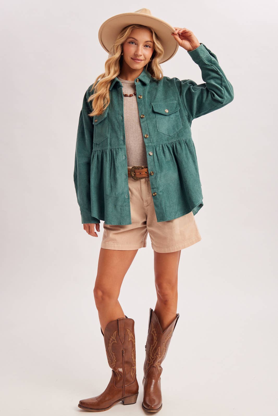 BUTTON DOWN CORDUROY PEPLUM SHACKET