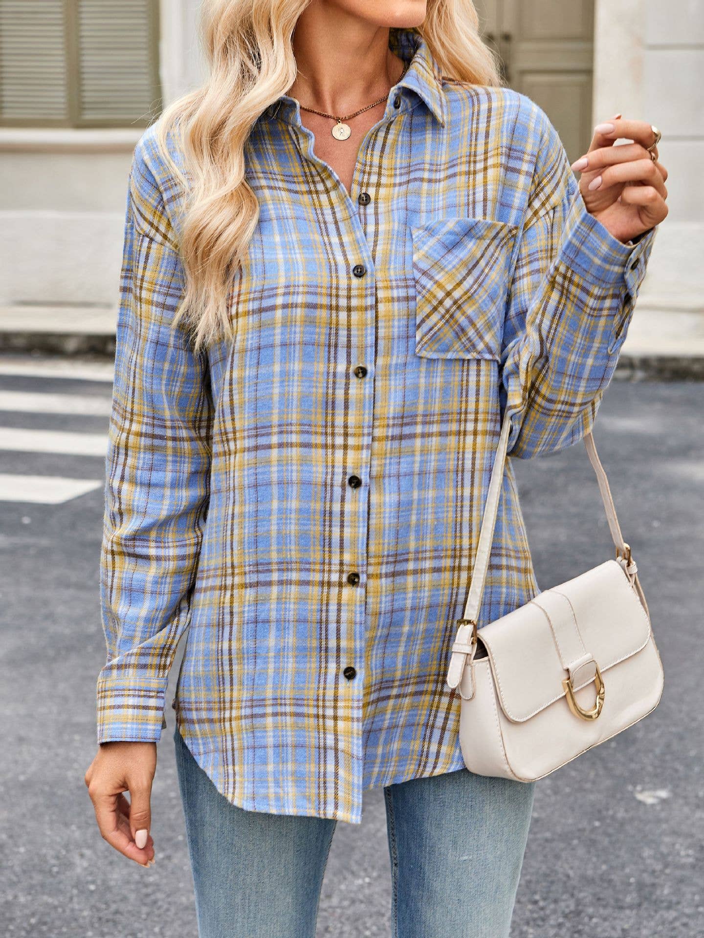 Plaid Button Down Long Sleeve Shirt for Women
