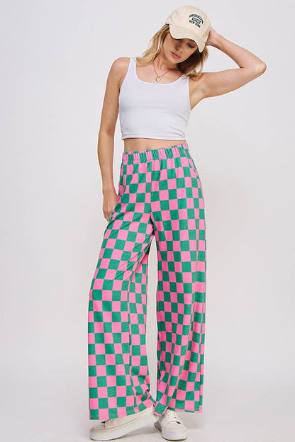 HIGH WAIST CHECKERED STRAIGHT LEG KNIT PANTS