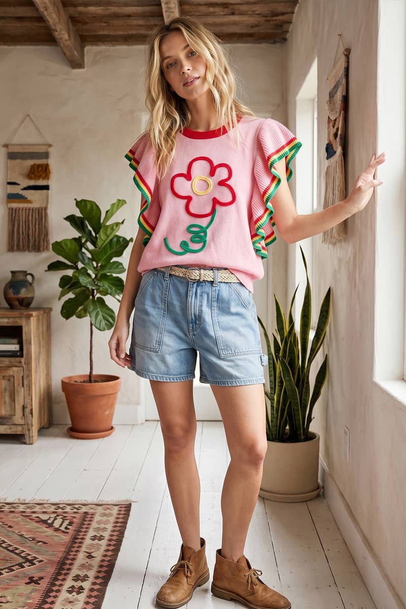 PINK FLORAL RUFFLE KNIT SWEATER TOP