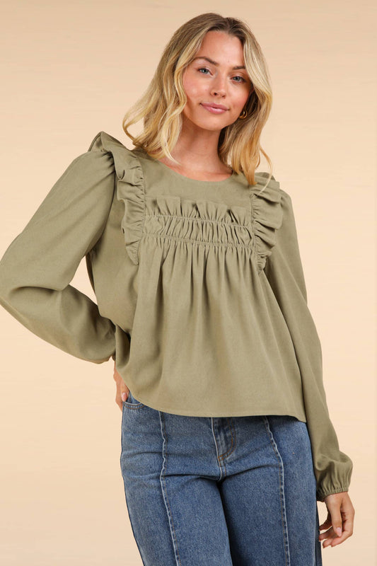 Casual Ruffle Shoulder Woven Blouse Top