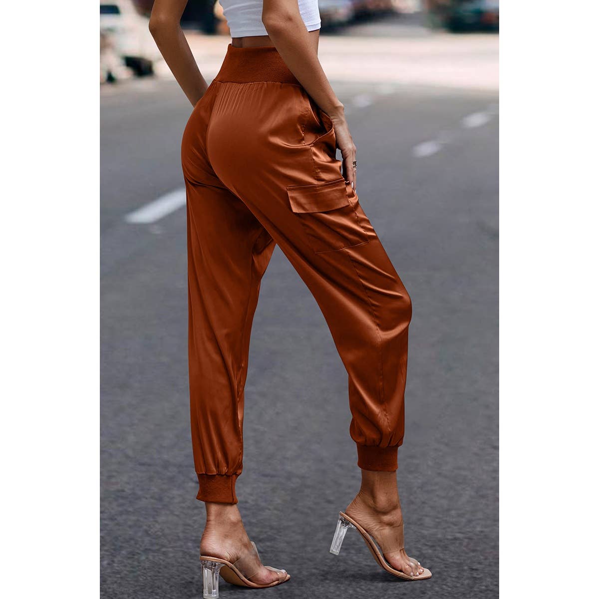 Elastic High Waist Sweatpants Sporty Pocket Pants