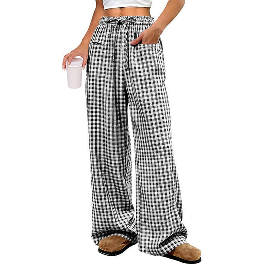 Womens Plaid Wide Leg Drawstring Waist Casual Pants