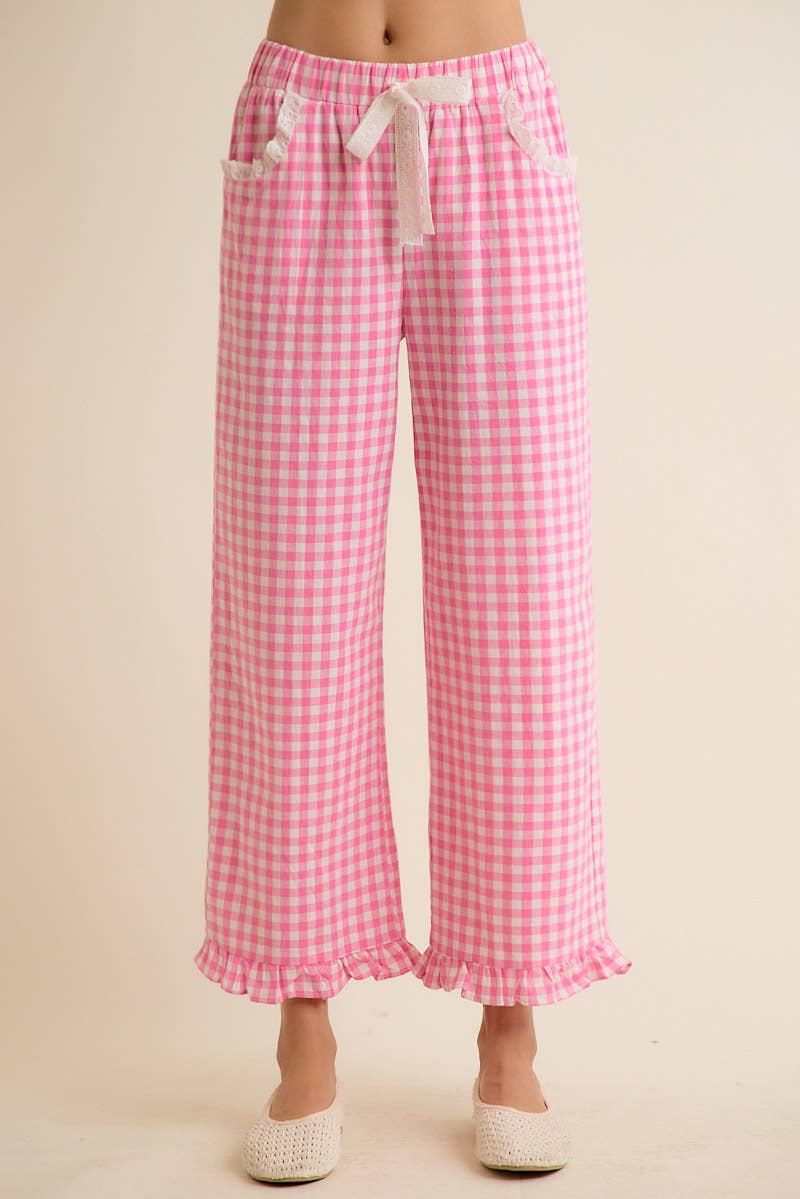 RUFFLED BOTTOM DETAIL CHECK GINGHAM LACE TRIM PANT