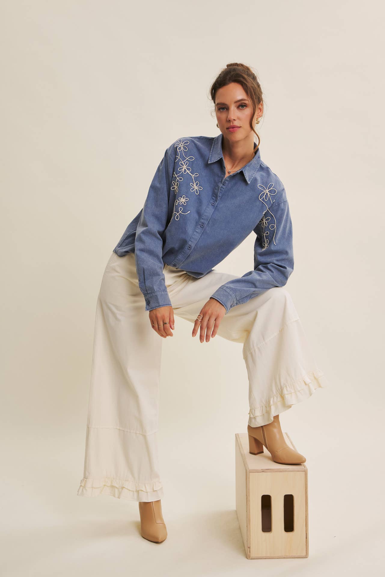 DREAMY STATEMENT COTTON WASHED WIDE-LEG PANTS WITH RUFFLES