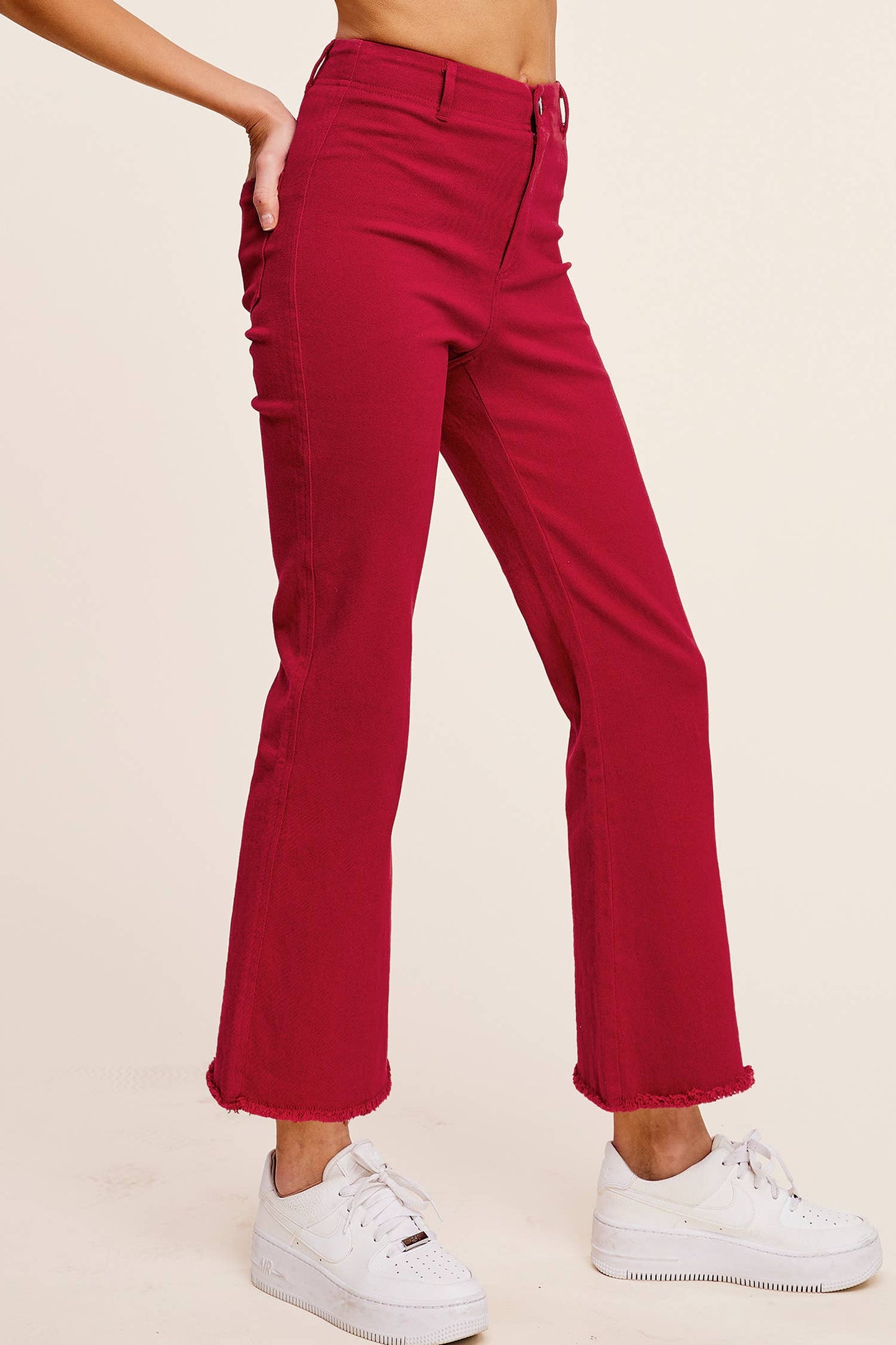 Soft Washed Stretchy High Waisted Flare Pants: Red / L
