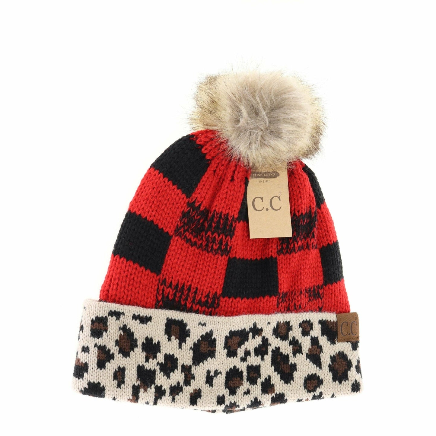 Leopard/Buffalo Mixed Print Fur Pom C.C Beanie