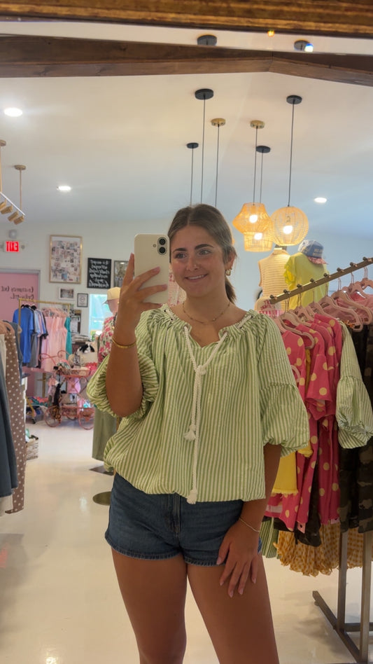 STRIPED BUBBLE TOP WITH GROMMET NECKLINE