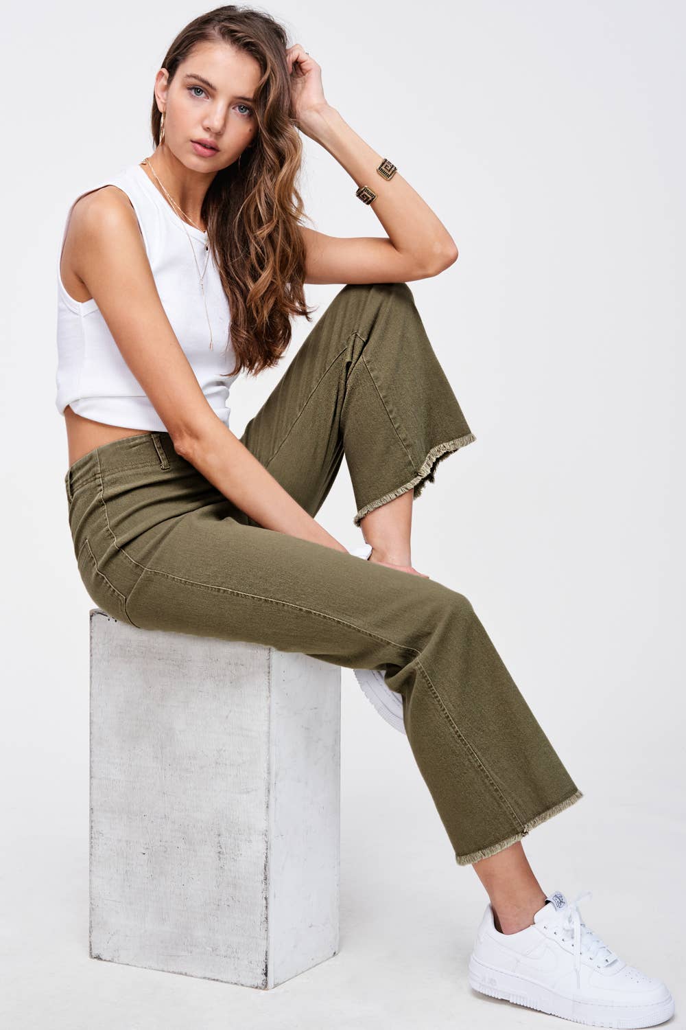 Soft Washed Stretchy High Waisted Flare Pants: Forest
