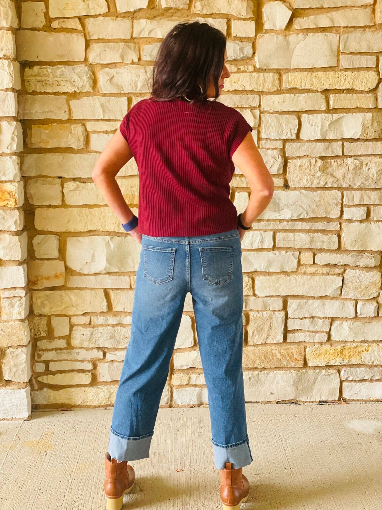 Burgundy Patch Pocket Ribbed Short Sleeve Sweater