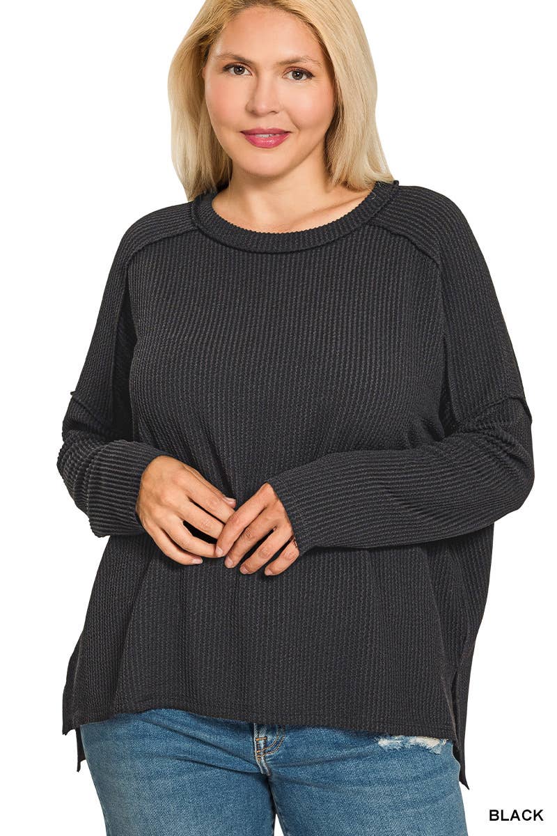 Plus Raised Rib Raw Edge Boat Neck Long Sleeve Top