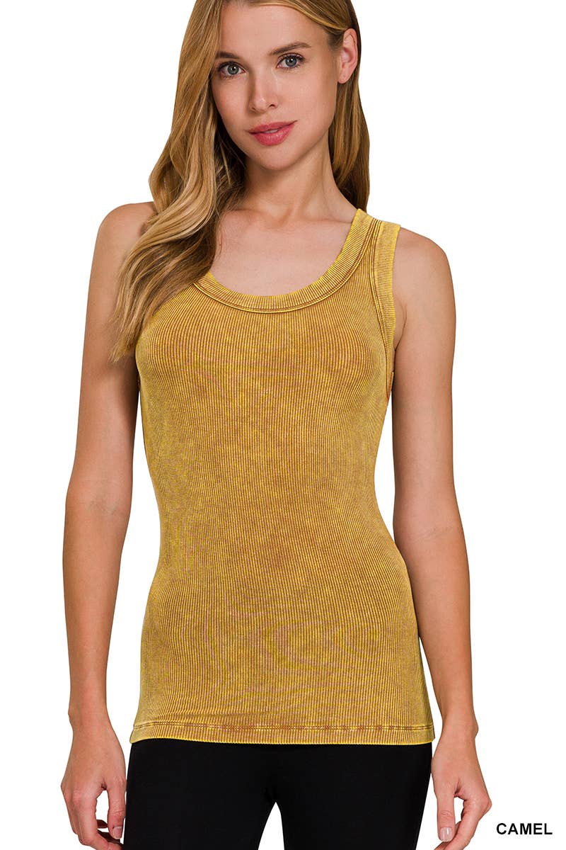 `Washed Ribbed Scoop Neck Tank Top  Zenana