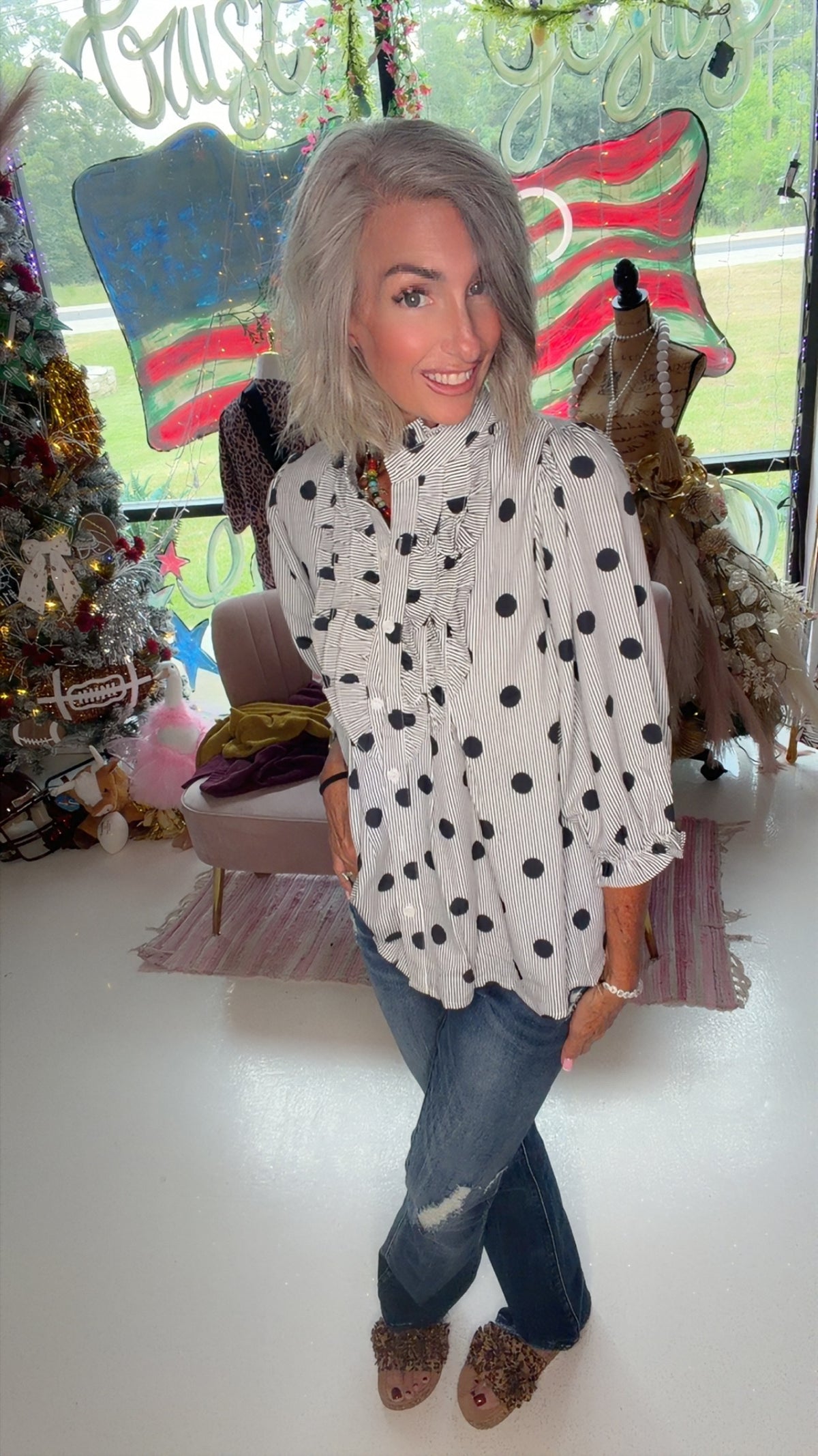 Striped Print Polka Dot Ruffle Stand Neck Shirts