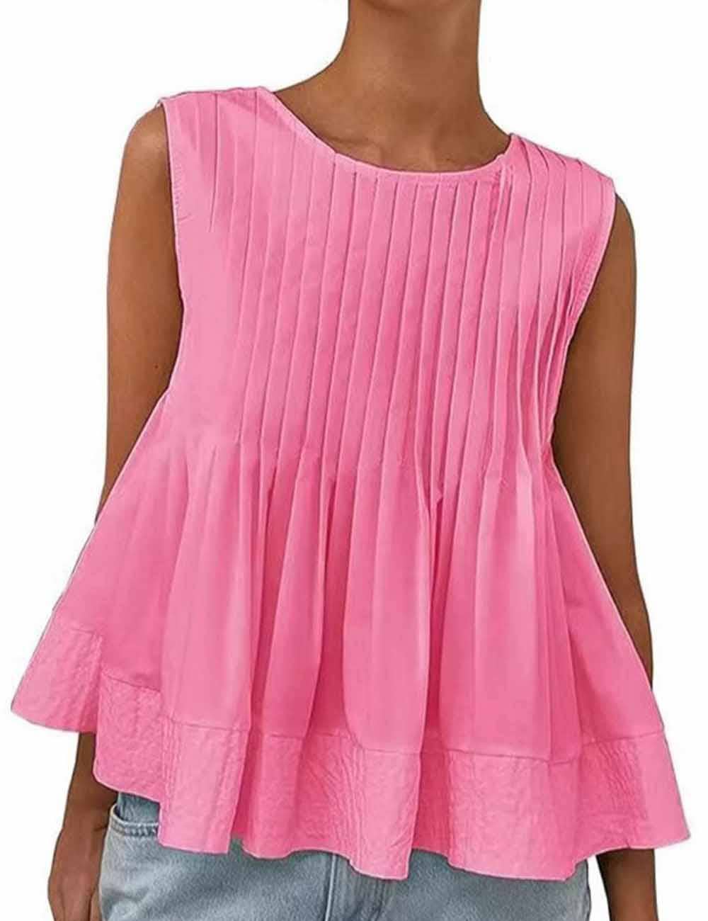 Ladies Solid Color Pleated Sleeveless Tank Top