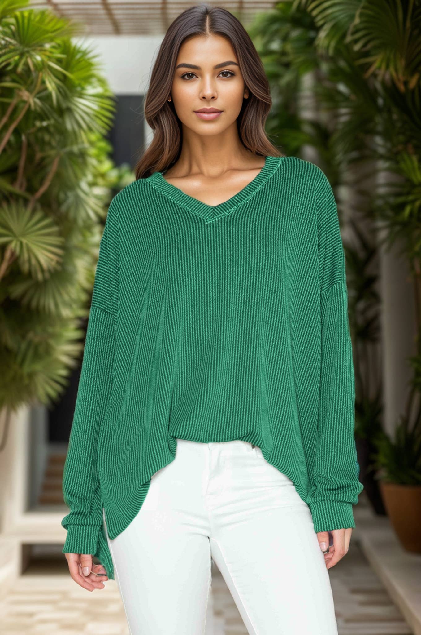 OVERSIZED V-NECK WAVE RIB LONG SLEEVE TUNIC TOP