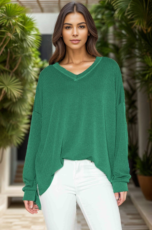 OVERSIZED V-NECK WAVE RIB LONG SLEEVE TUNIC TOP