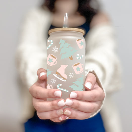 16 Oz Glass Can- Winter Themed Cup,  Gifts for Her