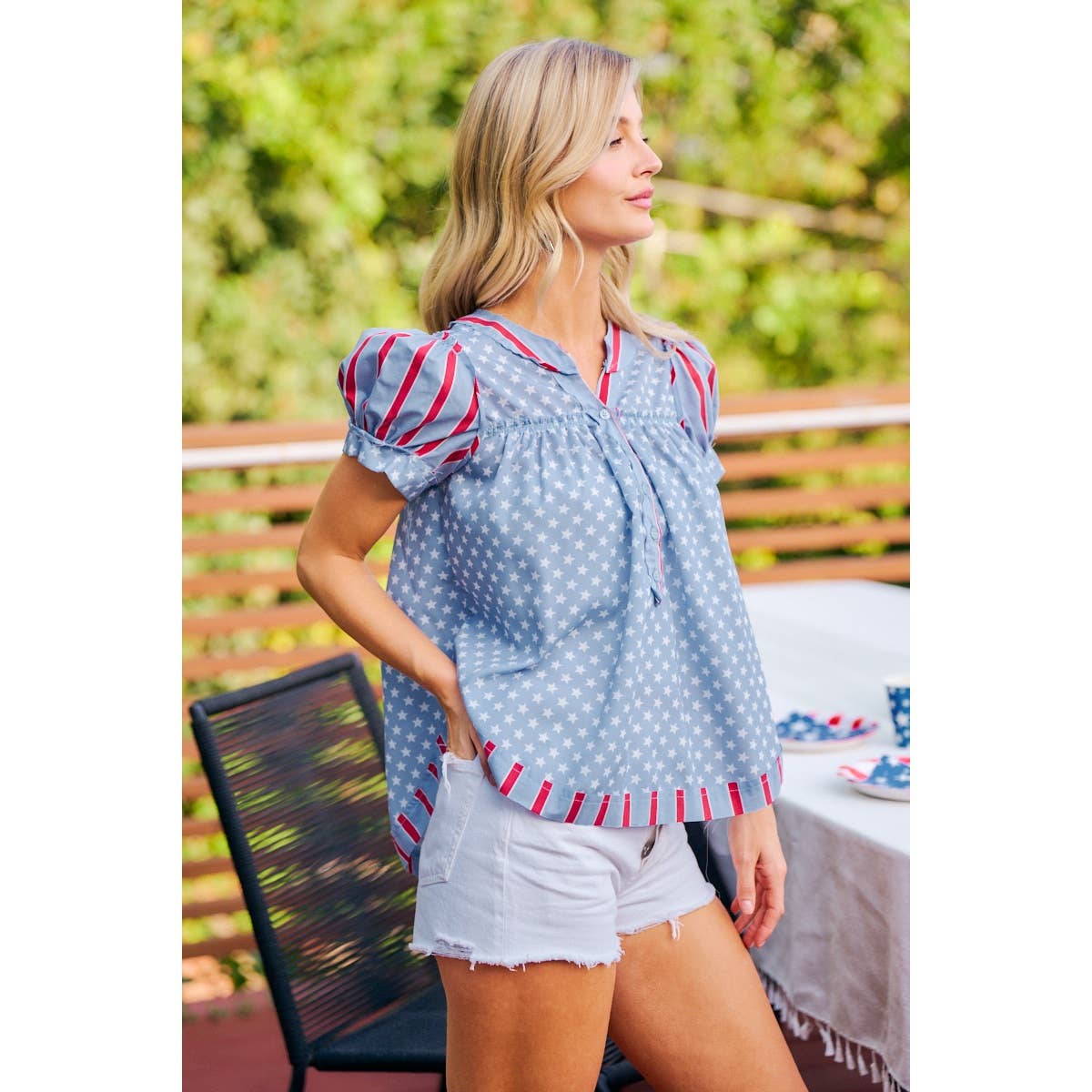 4TH OF JULY STRIPES AND STARS PUFF SLEEVES TOP