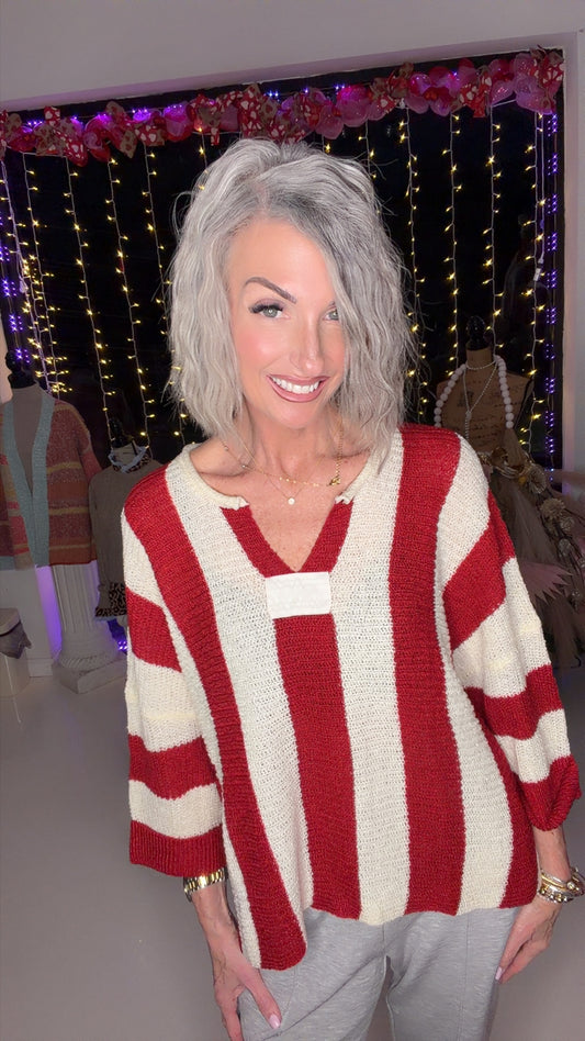 Red Stripe Colorblock V Neck Bracelet Sleeve Sweater