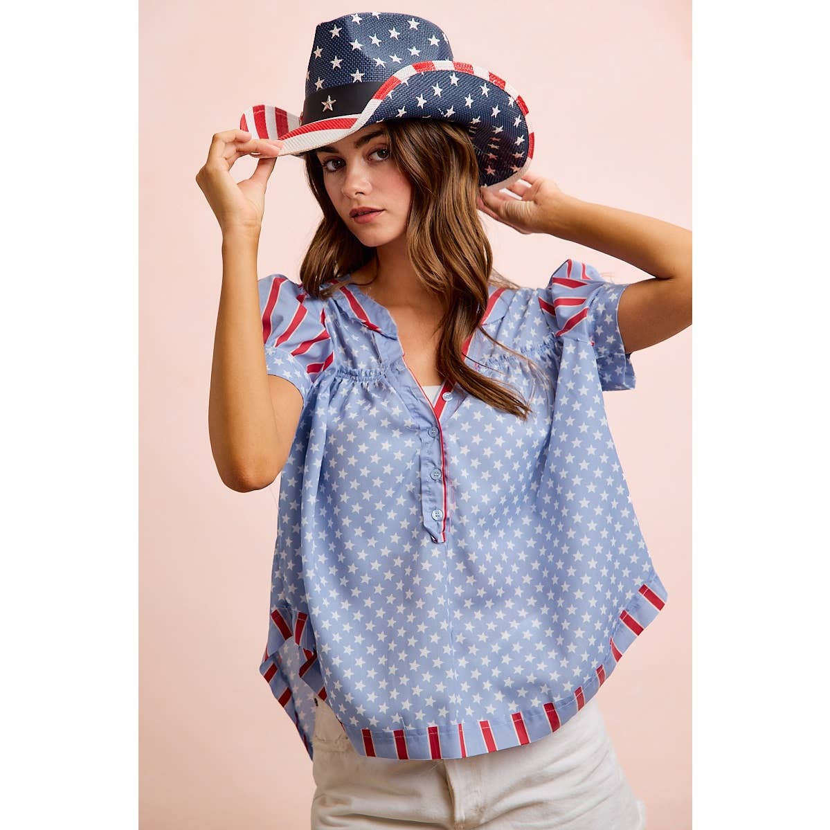 4TH OF JULY STRIPES AND STARS PUFF SLEEVES TOP