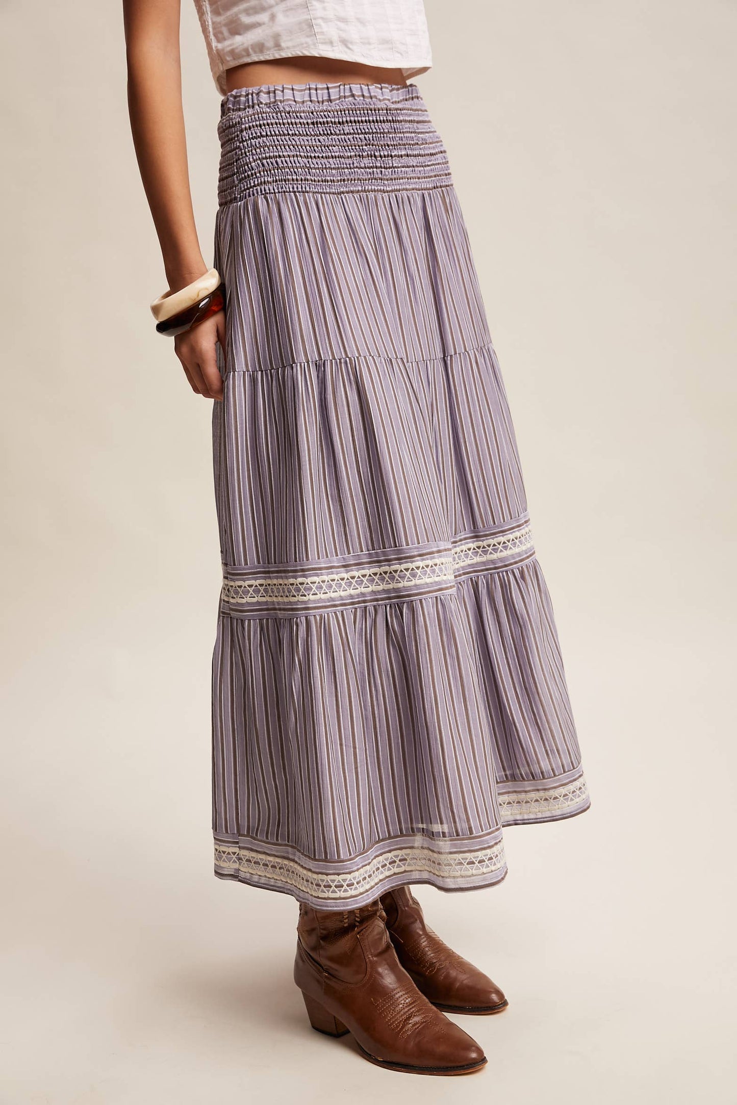 Striped Smocked Maxi Skirt with Embroidery Accents