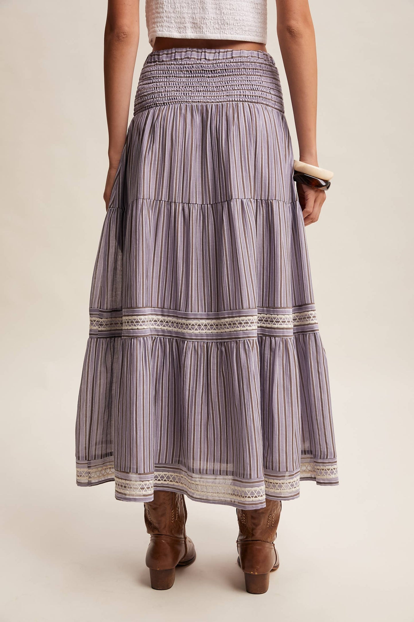 Striped Smocked Maxi Skirt with Embroidery Accents