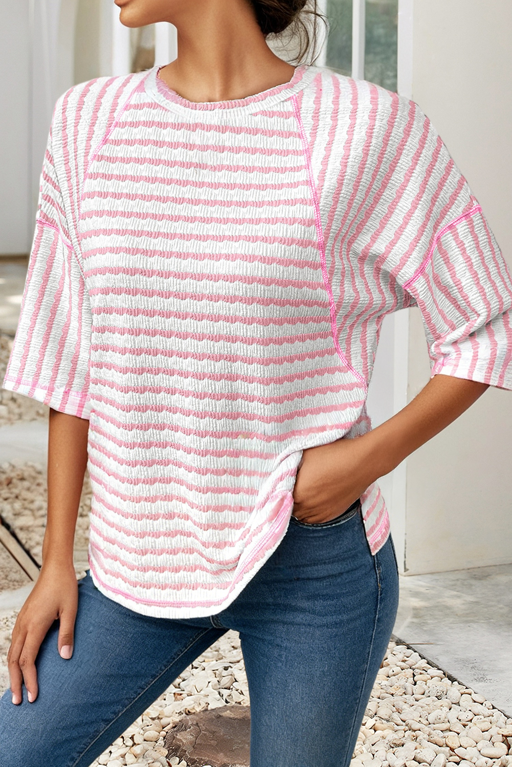 Striped Textured Knit Split Hem Half Sleeve Loose Top|