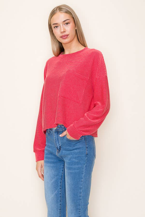 L/S RIBBED ROUND NECK TOP WITH POCKET
